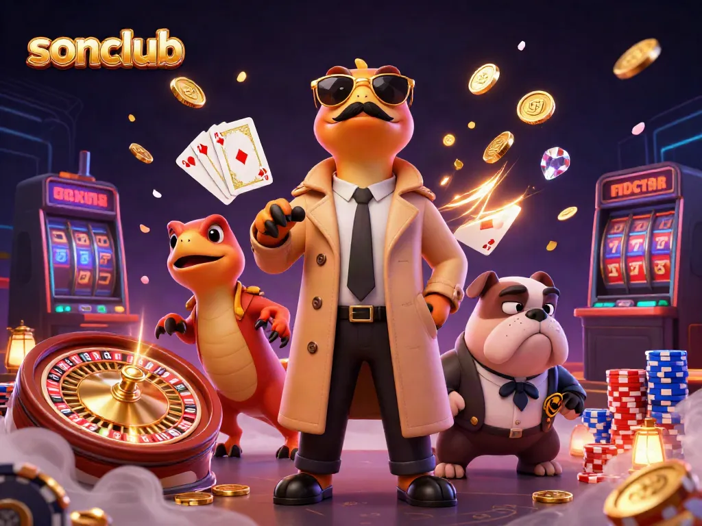 Join the fun at sonclub with cartoon raptors and sparkling casino elements in a playful 3D scene.