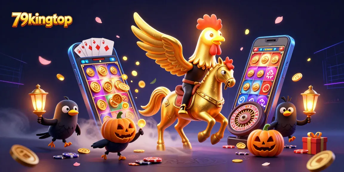 Experience 79kingtop's vibrant casino scene featuring a golden rooster, slot games, and festive lanterns.