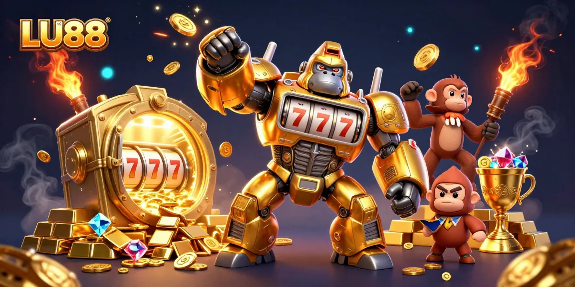 LU88 showcases a dynamic 3D illustration of a golden gorilla mech celebrating massive wins in a casino.