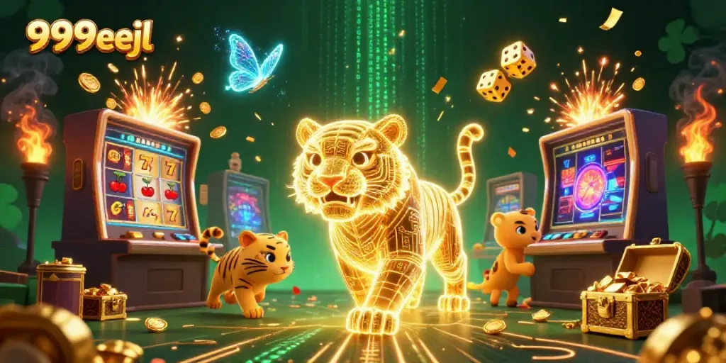 Experience the thrill of 999eejl with a dynamic casino scene featuring a golden tiger and neon elements.