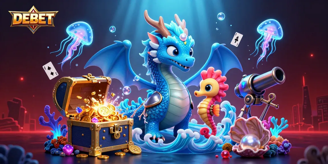 Engage in thrilling gaming at DEBET with an ultra-detailed underwater scene featuring dragon and treasure.