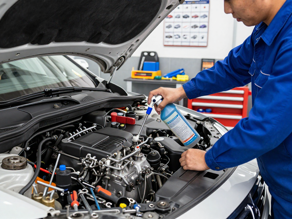 Limpiador de carburadores utilizado por un mecánico en un taller, mostrando herramientas y un entorno de mantenimiento automotriz.