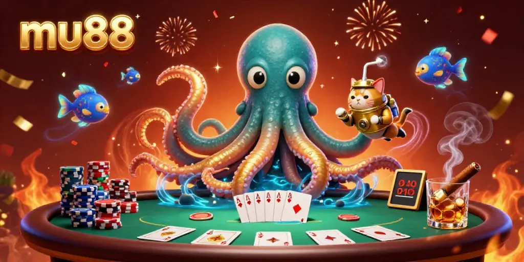 Experience the thrill of mu88 with a dazzling underwater casino scene showcasing a kraken and diving cat.