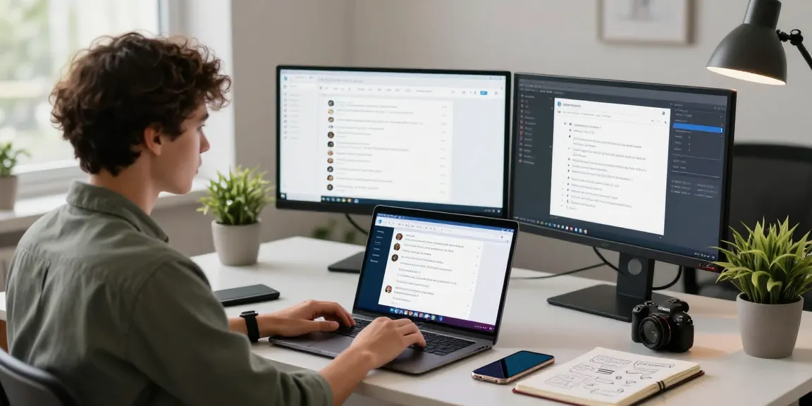 Using Telegram Web in a modern digital workspace with screens showcasing messages and designs.