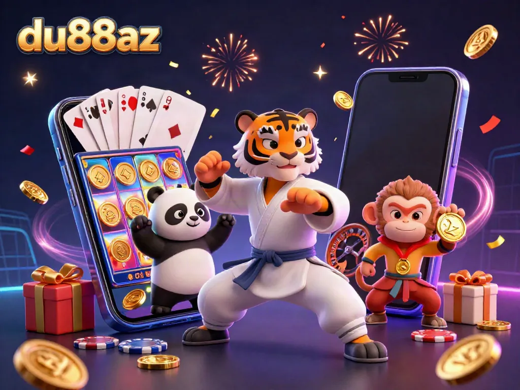 Play engaging games at du88az with a kung fu master, panda, and monkey amid slot machines.
