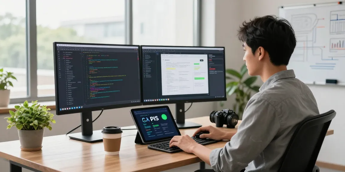 Build internal tools with AI in a modern software development workspace featuring coding on multiple screens.