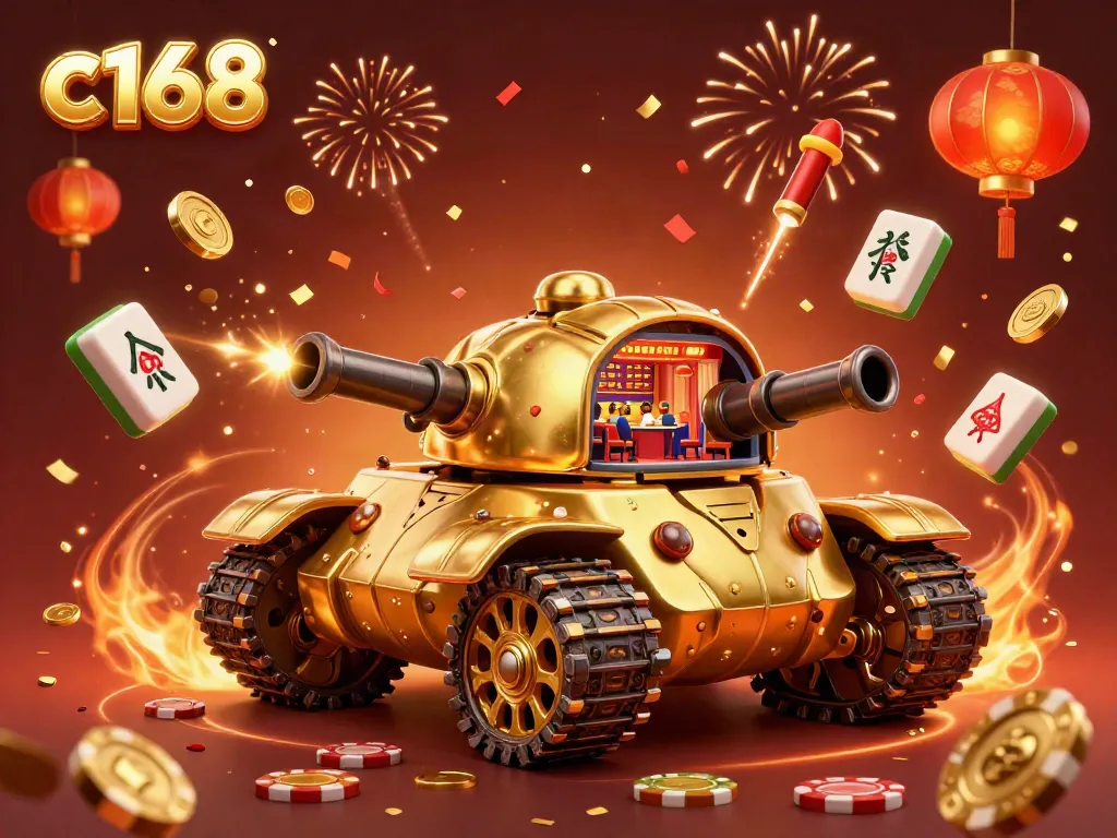 Experience the excitement of c168 with a golden beetle tank mini-casino filled with confetti and vibrant gaming elements.