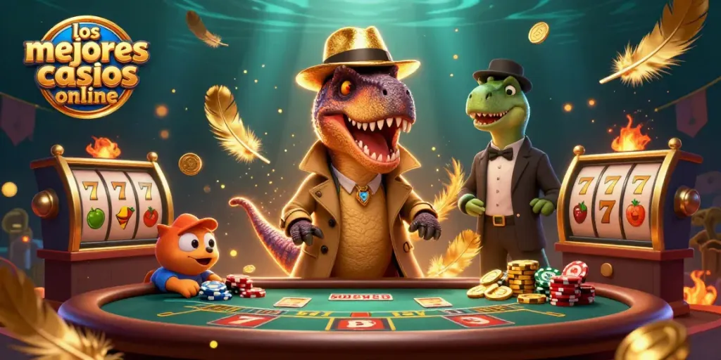 Los mejores casinos online ofrecen acción con un velociraptor en un blackjack rodeado de fichas y monedas.