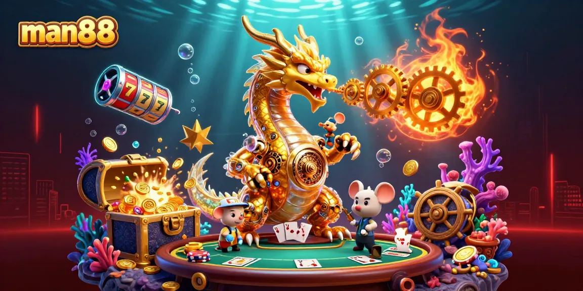 Win big with man88's exciting gambling scene of a golden dragon and poker elements.