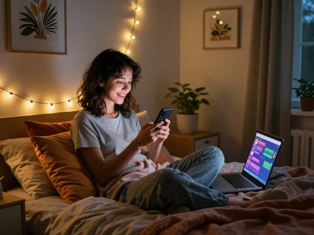 Engaging in nsfw chat on a smartphone in a cozy bedroom setting.