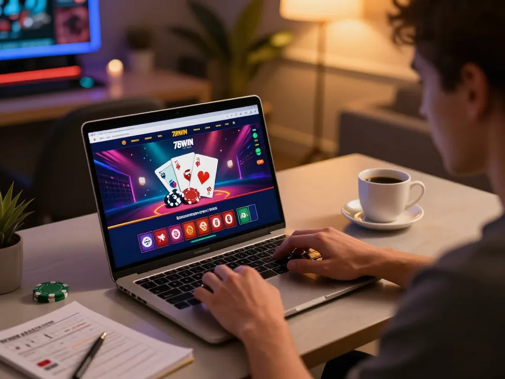 Engaged player using 78WIN COM online casino interface for strategic gameplay.