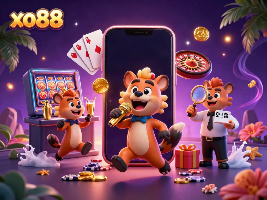 Experience the thrill of xo88 casino games with hyenas enjoying slots and drinks in a vibrant scene.