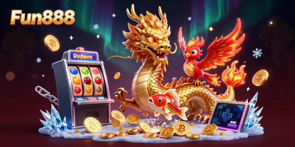 Experience Fun888 with a vibrant 3D illustration featuring a golden dragon, phoenix, and koi fish amidst casino elements.