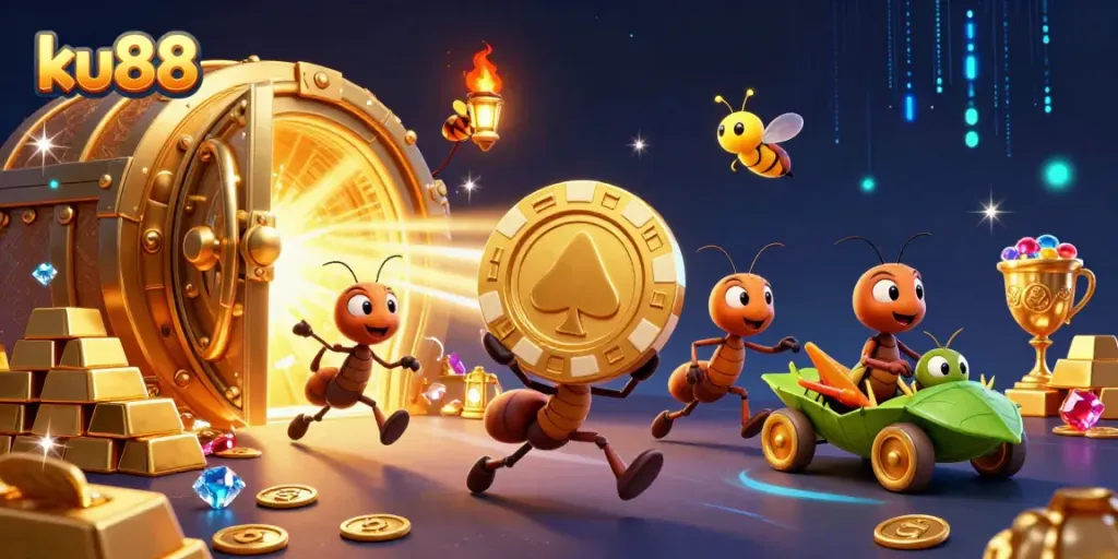 ku88 showcases engaging gameplay featuring a heist scene with ants, colorful treasures, and neon effects.