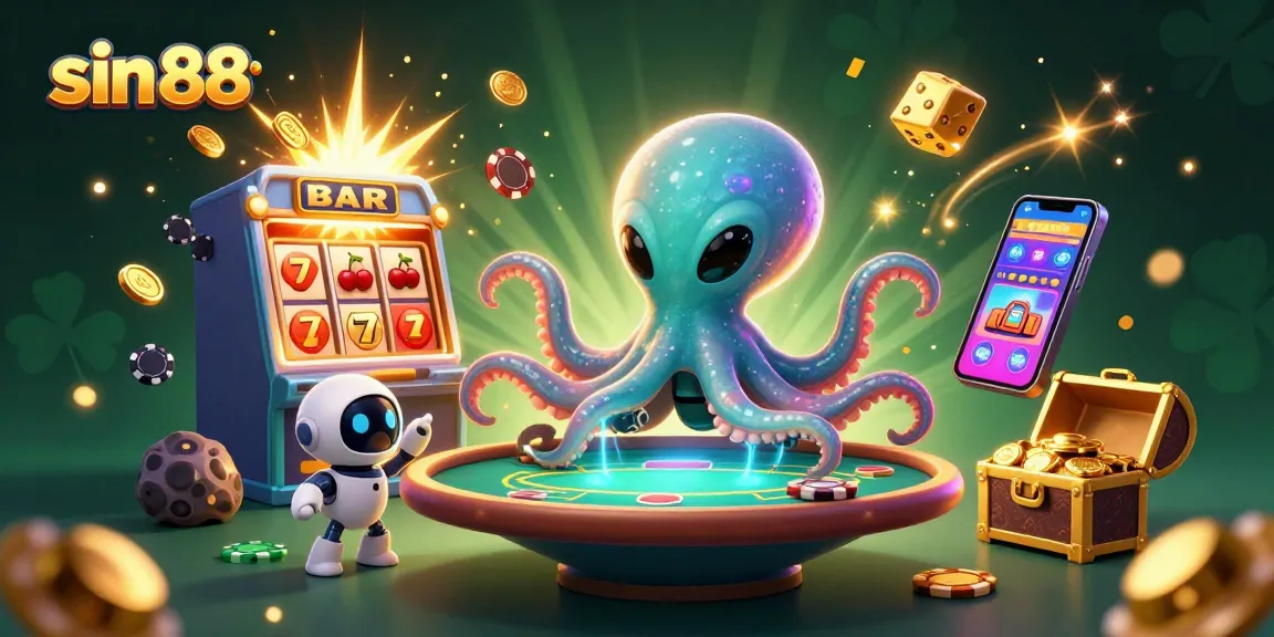 Spin to win with sin 88 at a vibrant alien-themed poker table surrounded by casino chaos.