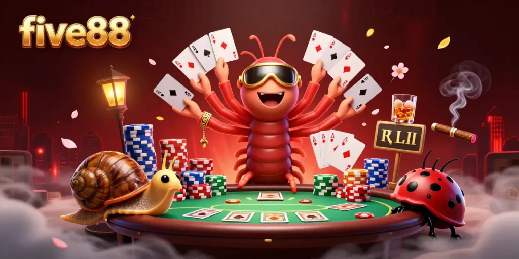 Engage in the thrill of five88's vibrant casino scene with a unique cartoon dealer and playful high-roller.