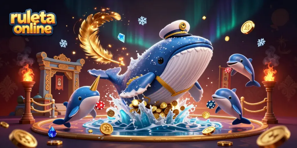 Gira la ruleta online con esta colorida y dinámica ilustración de una ballena, un narval y delfines.