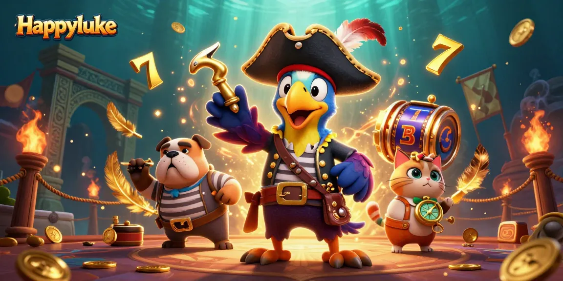 Happyluke casino scene showcasing a pirate captain and friends playing slots in an immersive environment.