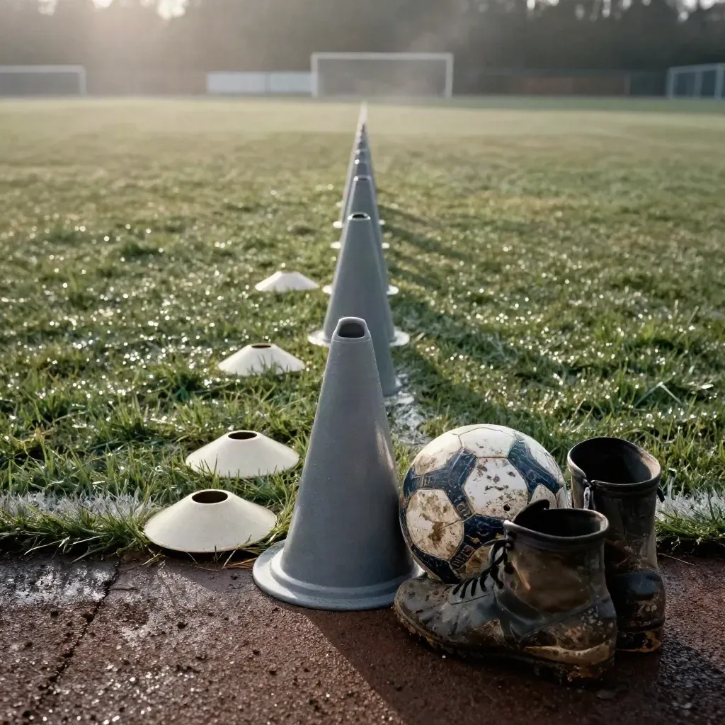 Conos, picas, balón y botas en una línea de entrenamiento vacía sobre césped con niebla.