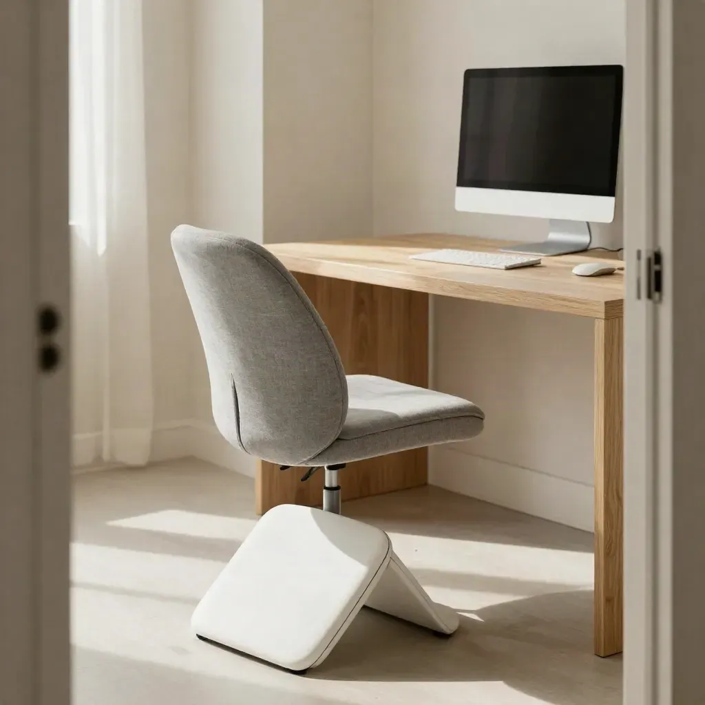 Escritorio ergonómico vacío con silla de soporte, cojín lumbar, reposapiés y monitor apagado en luz cálida.