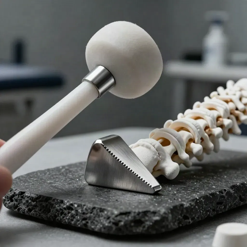 Martillo de reflejos, cuña de movilización y mini columna sobre piedra oscura