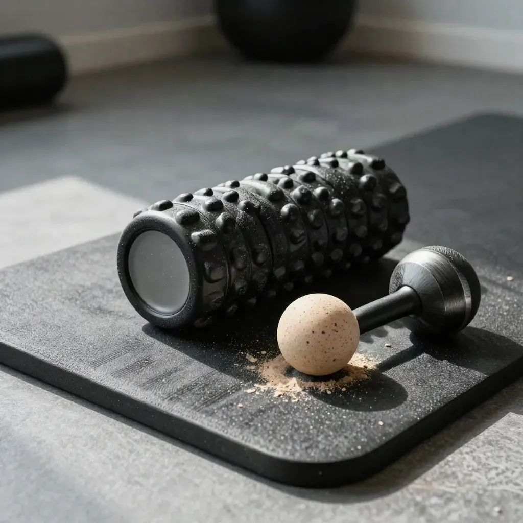 Material de fisioterapia en colchoneta: foam roller, pelota de lacrosse, cabezal de masaje y banda elástica.
