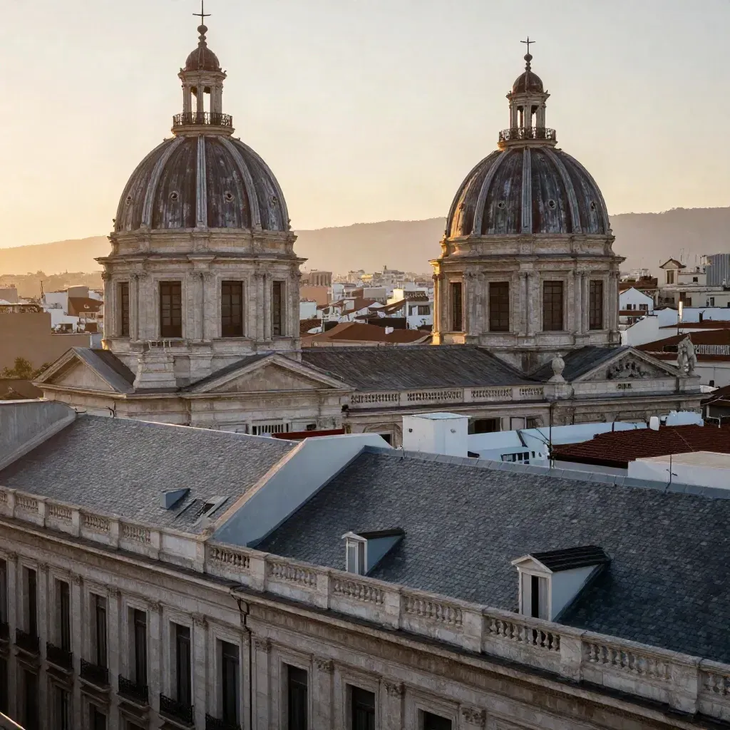 Azotea de Chamberí al amanecer, con cúpulas y tejados de pizarra en luz dorada.
