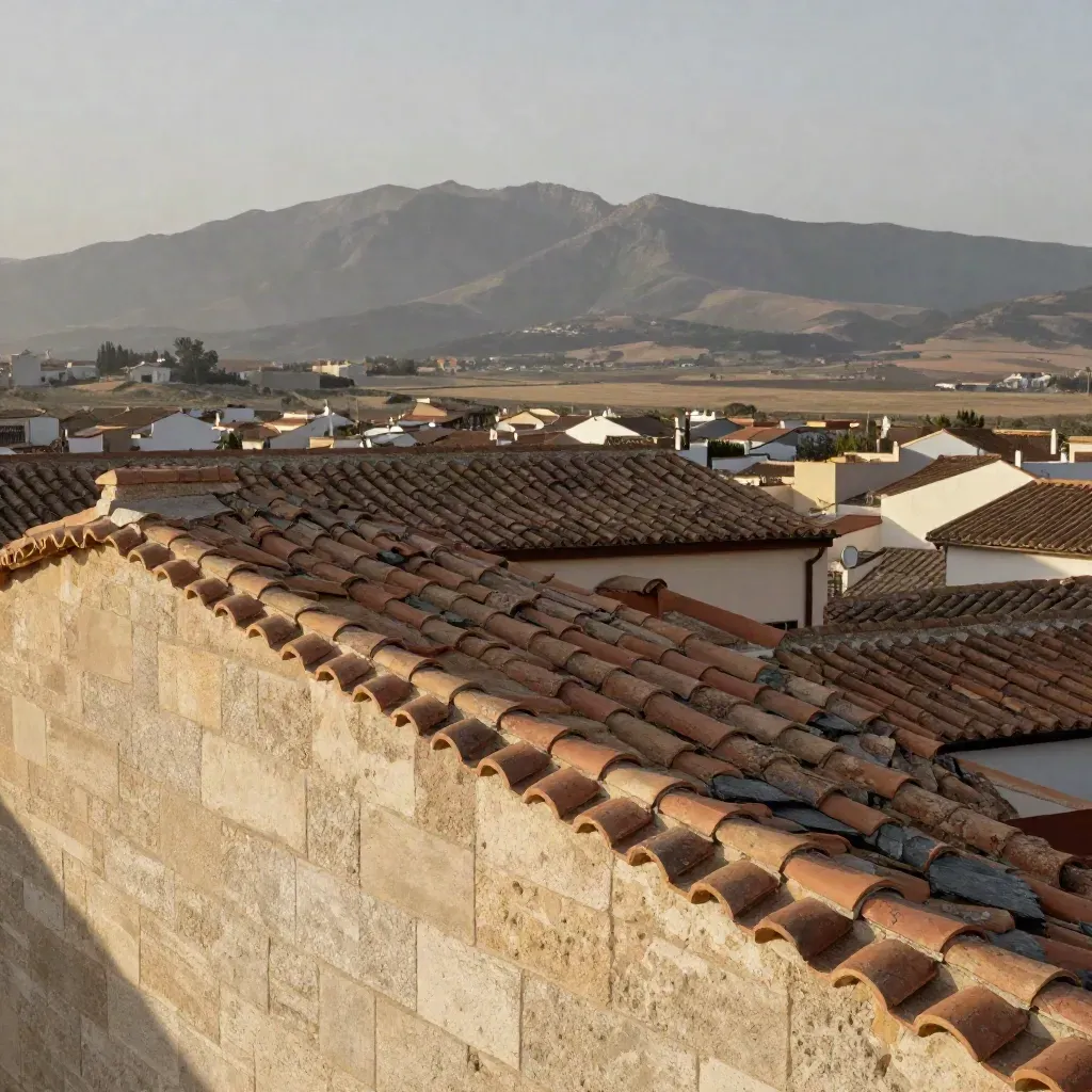 Tejados de teja y muros de caliza con la sierra al fondo, bajo bruma y luz cálida