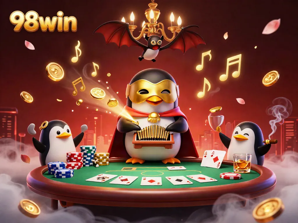 Experience the vibrant world of 98win with a 3D cartoon penguin playing for golden coins at the casino.