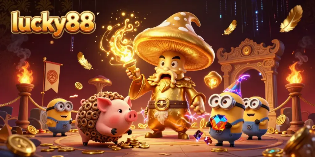 Experience the thrill of lucky88 with golden magical characters in an engaging casino scene.
