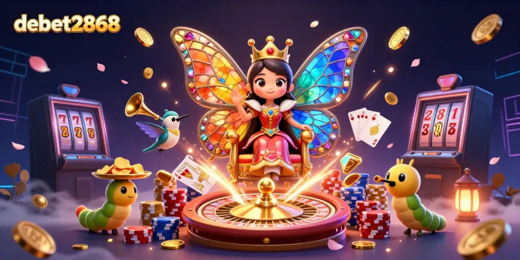 Engage in the thrilling world of debet2868 with vibrant characters and sparkling casino elements in a magical scene.