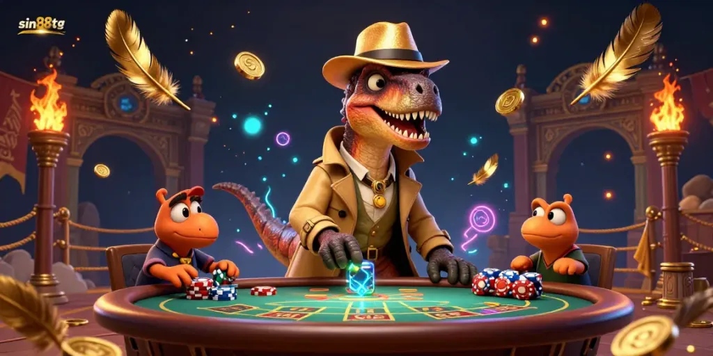 A velociraptor disguised at blackjack while a stegosaurus watches, highlighting sin88tg's unique casino experience.
