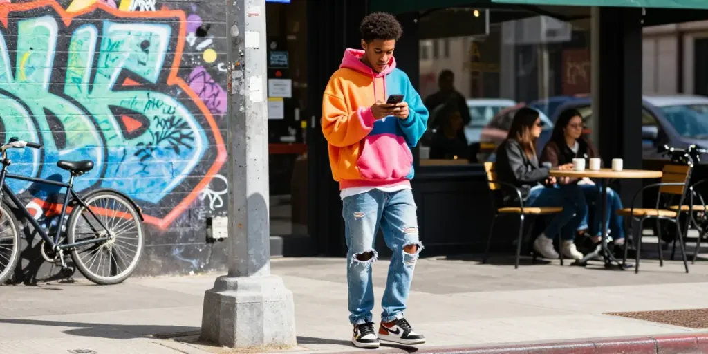Youthful influencer exploring urban fashion trends on a city street, highlighting rokok88 style.