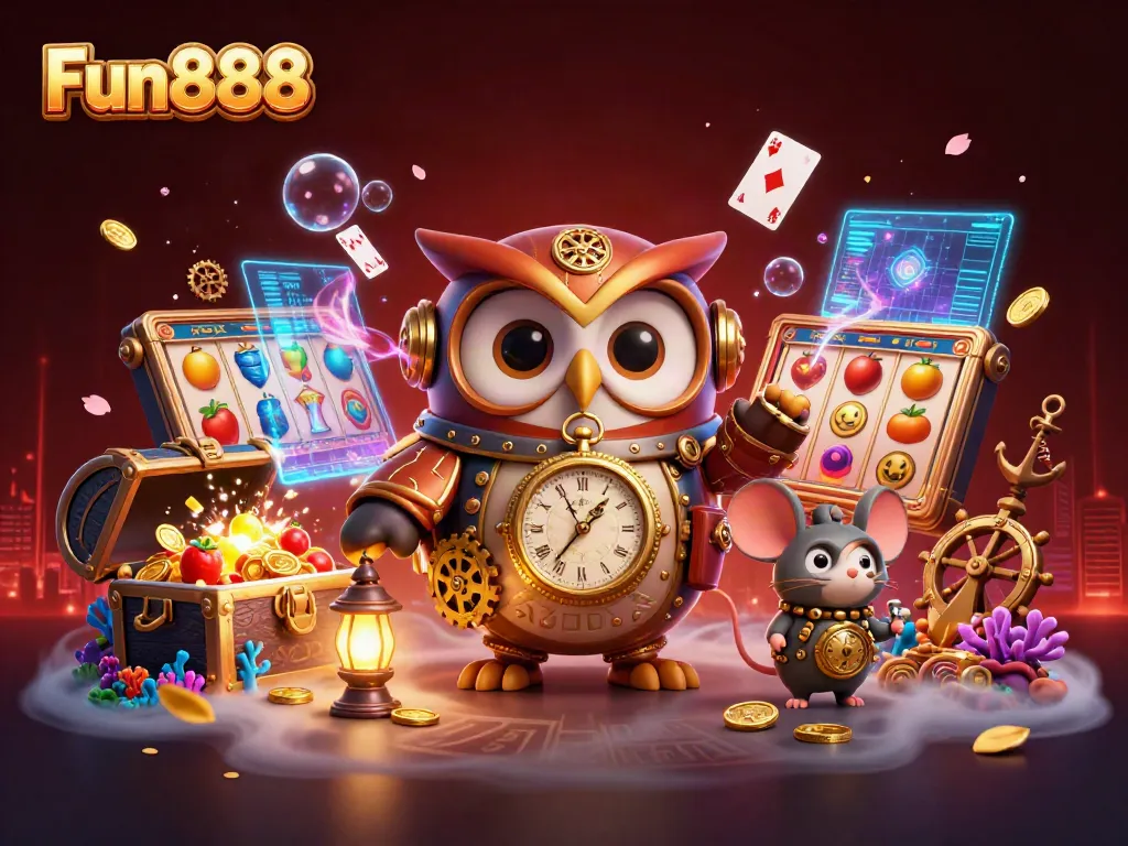 Play immersive games at Fun888 featuring vibrant slot reels and animated characters.