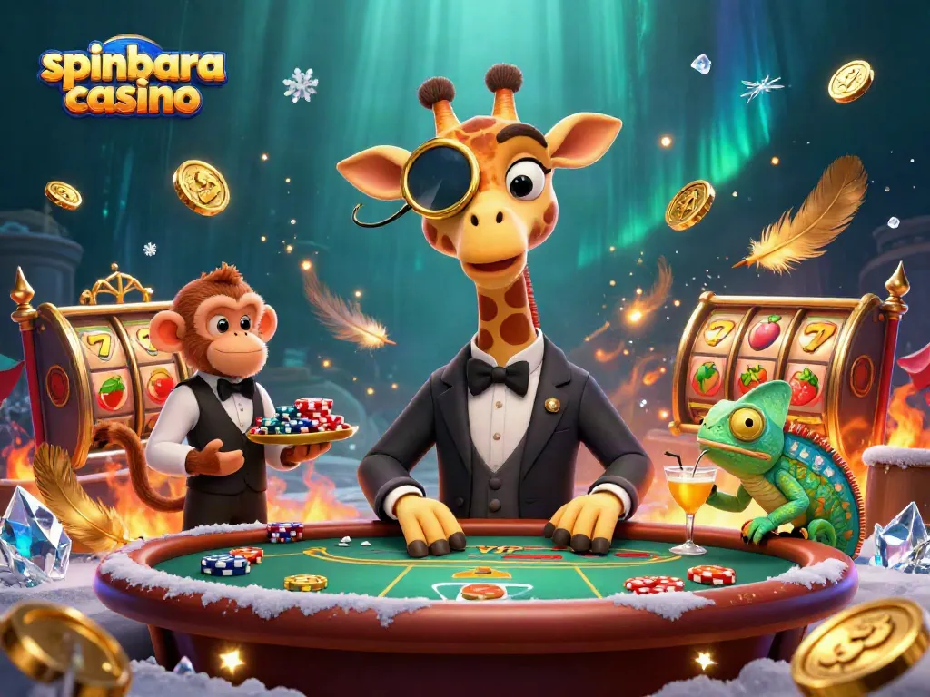 Experience the excitement at Spinbara Casino with a vibrant scene featuring colorful characters and dynamic game elements.