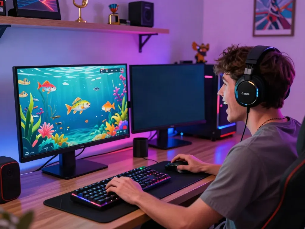Excited player gaming on DU88, showcasing vibrant fishing game experience with immersive setup.