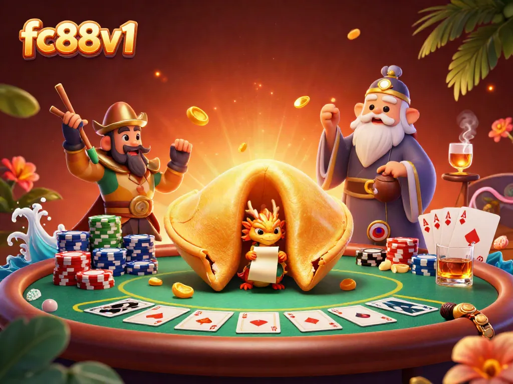 Experience high-stakes gaming at fc88v1 where a giant fortune cookie reveals riches in a vibrant casino scene.