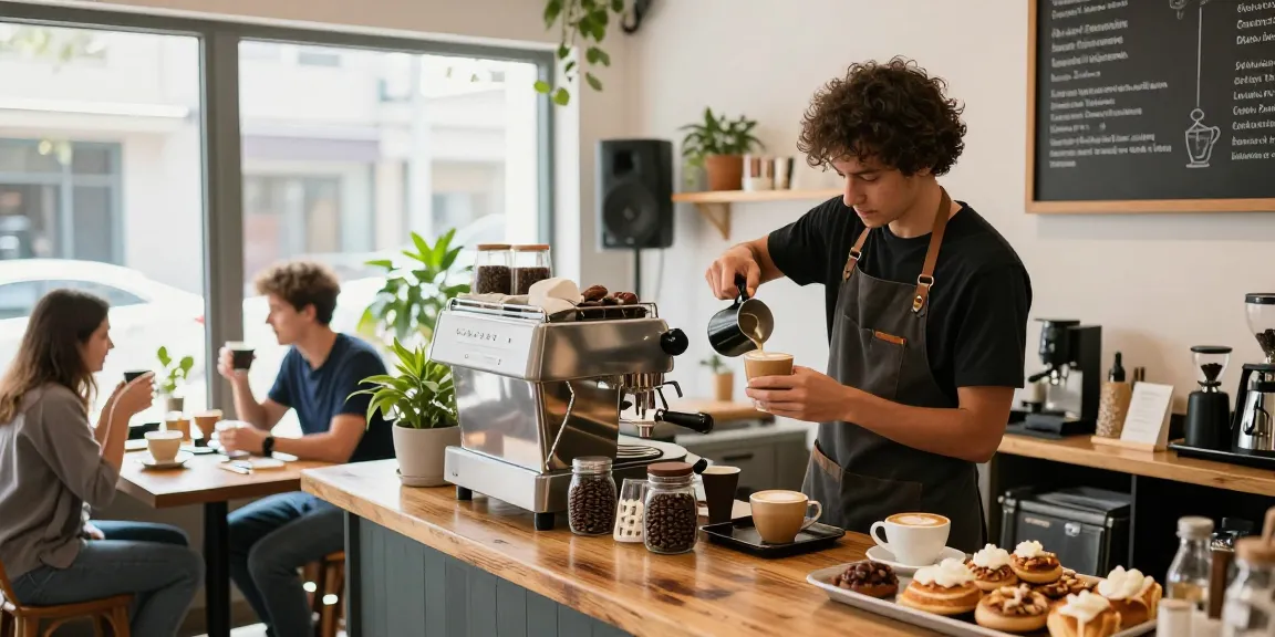 rokok88 coffee shop scene with barista crafting latte art in vibrant atmosphere