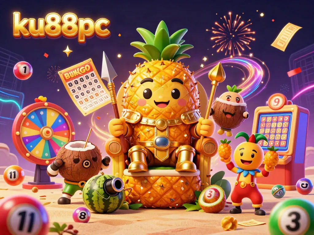 Engage in exciting games with ku88pc, featuring a vibrant illustration of a golden pineapple king leading the beach casino fun.