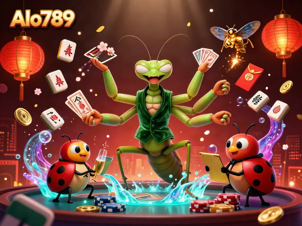 Alo789 showcases an exciting casino scene with a giant praying mantis card sharp and a ladybug pit boss, encouraging players to join the action.