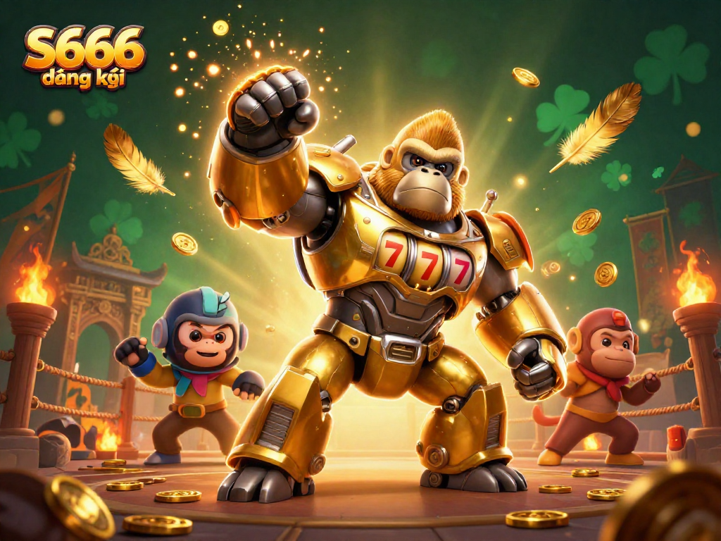 S666 đăng ký offers an exciting gaming experience with a spectacular 3D scene featuring a golden gorilla mech and vibrant casino elements.