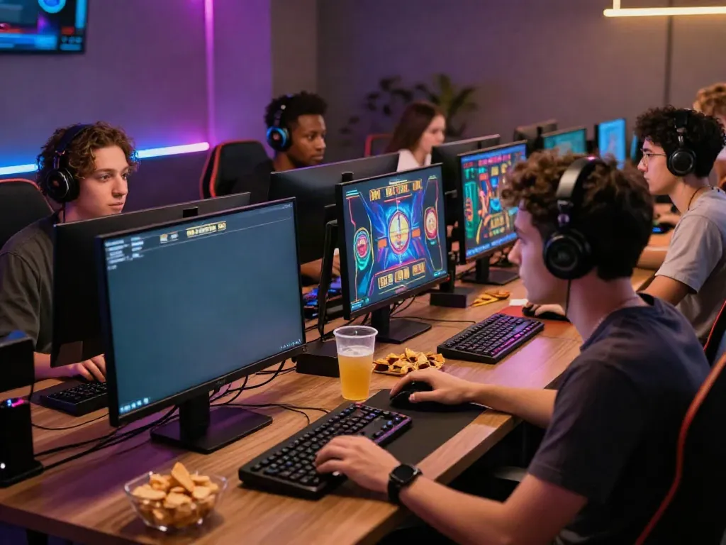 Engaging online gaming experience with friends at https://sky88tg.com/ showcasing exciting casino graphics and snacks.
