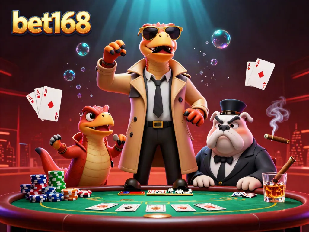 Immerse in bet168's gaming world, with dinosaurs and a bulldog bouncer at a buzzing casino.