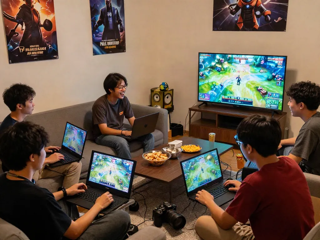 Friends enjoying gaming session discussing rokok88 patterns in a cozy living room.