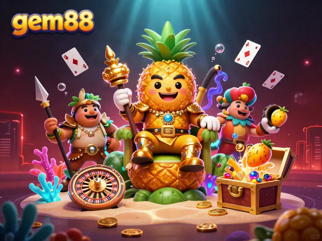 Experience exciting gameplay with gem88's vibrant casino scene featuring a pineapple king and thrilling game elements.