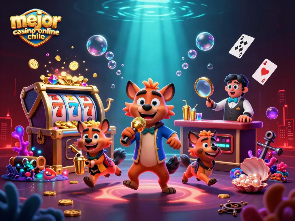 Ilustración animada de un pack de hienas en un casino con la frase mejor casino online chile mostrando diversión y emoción en el juego.