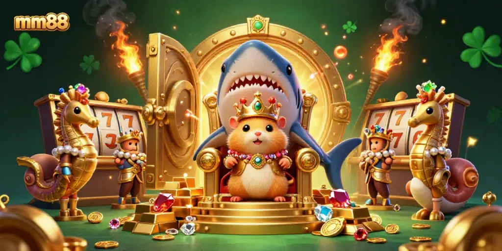 Experience the mm88 gaming magic with a golden hamster king and treasure in this vibrant 3D casino scene.