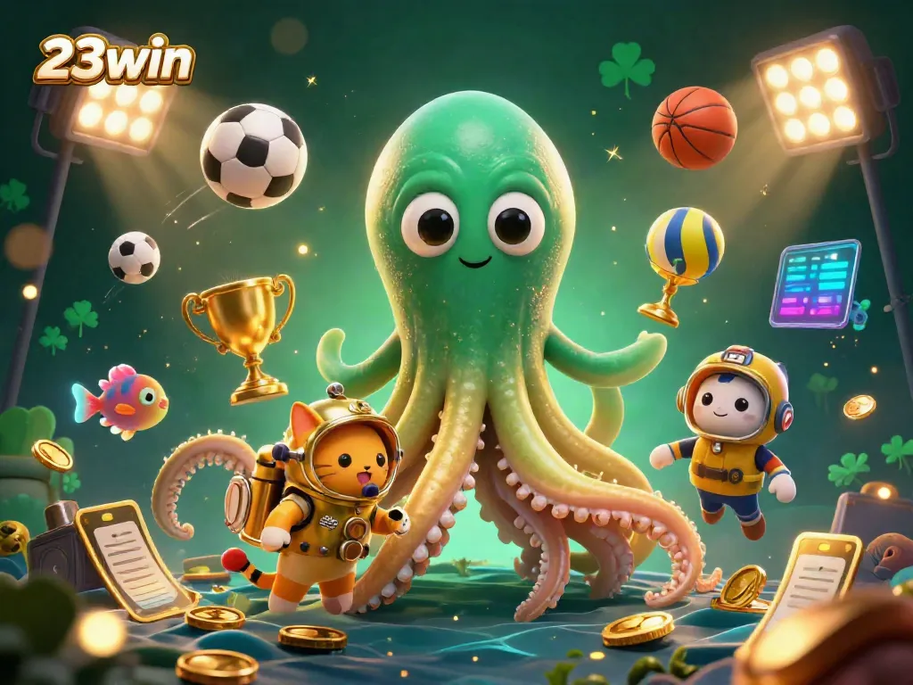 Experience the excitement of 23win through an ultra-detailed 3D illustration featuring dynamic casino elements and characters.