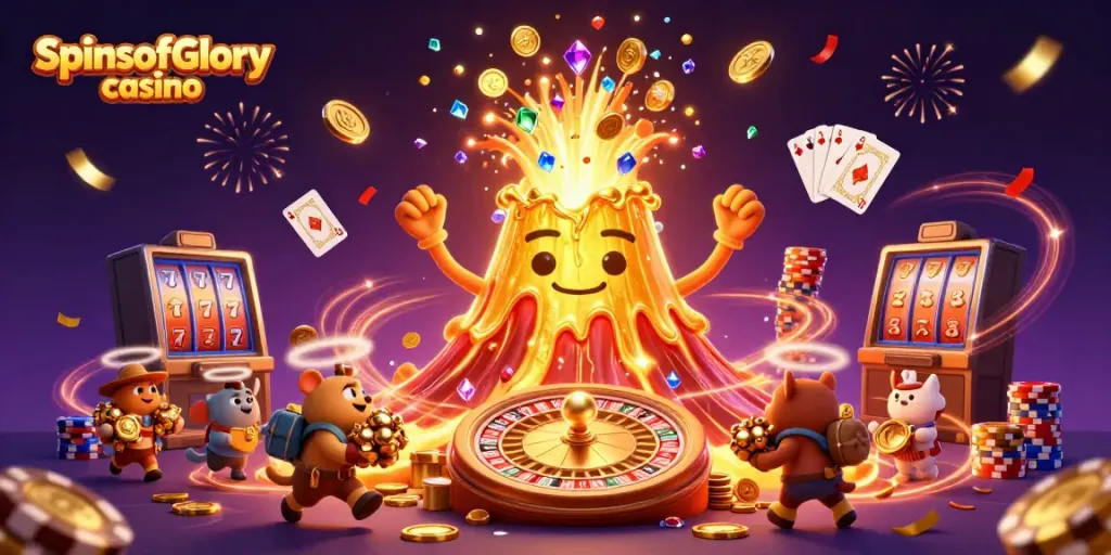 Ganar en SpinsofGlory casino con un volcán de oro y animales exploradores llevándose tesoros.