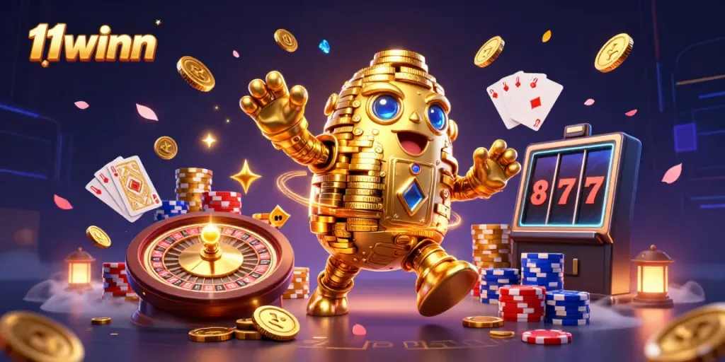 Engage with exciting games at 11winn featuring vibrant gold coins and slot reels.